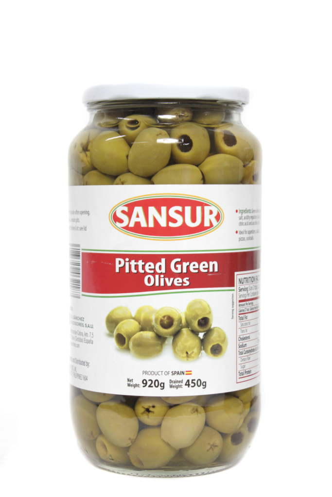 920g BOTTLE - GREEN PITTED OLIVES